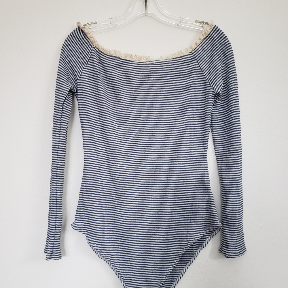 Blue and White Striped Off the Shoulder Bodysuit